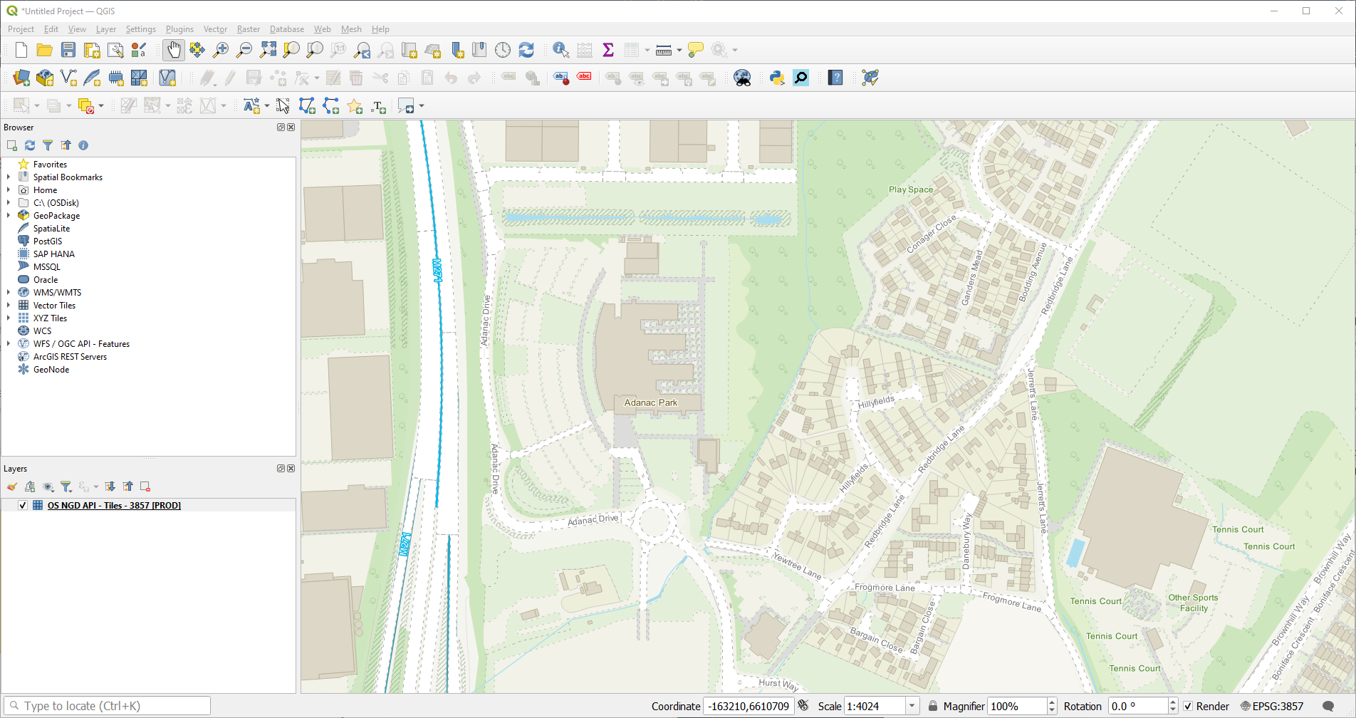 QGIS UI showing rendered Vector Tile layer