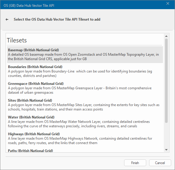 Cadcorp SIS Desktop OS (GB) Data Hub Vector Tile API dialog