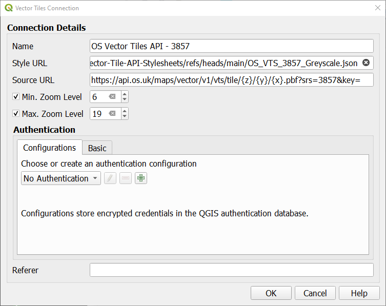 QGIS Vector Tiles Connection dialog
