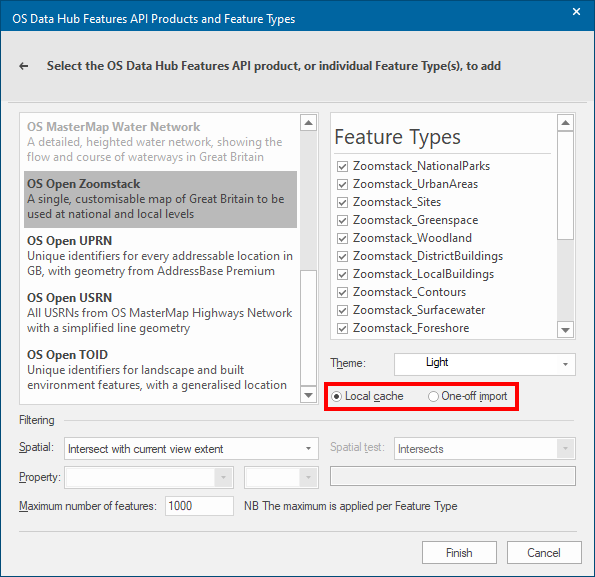 Cadcorp SIS Desktop OS Data Hub Features API Products and Feature Types dialog