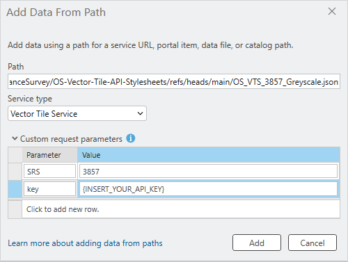 ESRI ArcGIS Pro Add Data From Path dialog with custom request parameters set.