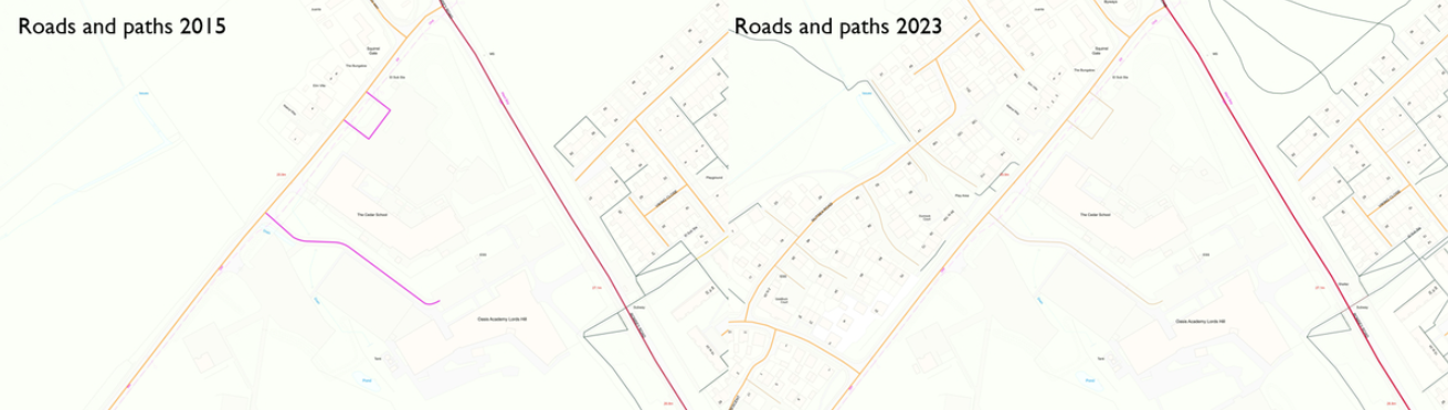 Comparison of 2015 vs 2023 Road and Path data available through the OS Product Archive