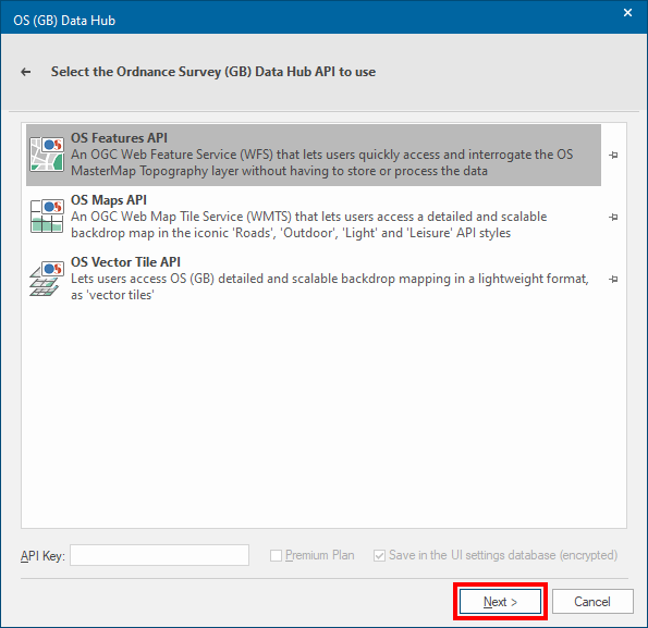 Cadcorp SIS Desktop OS (GB) Data Hub dialog