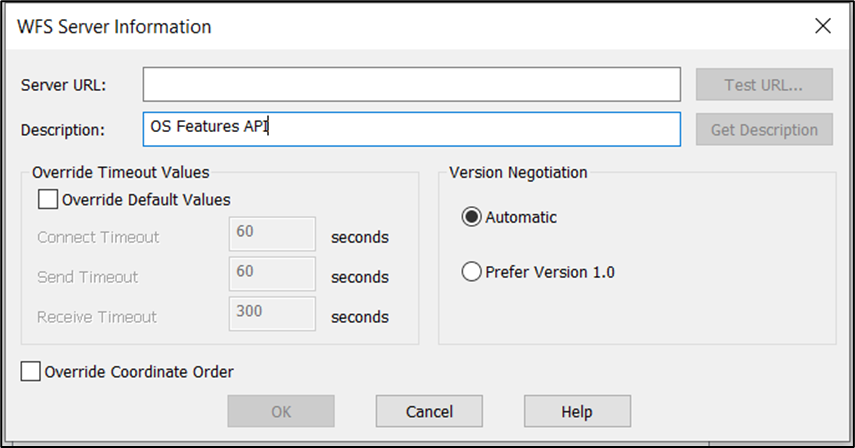 MapInfo Pro WFS Server Information dialog