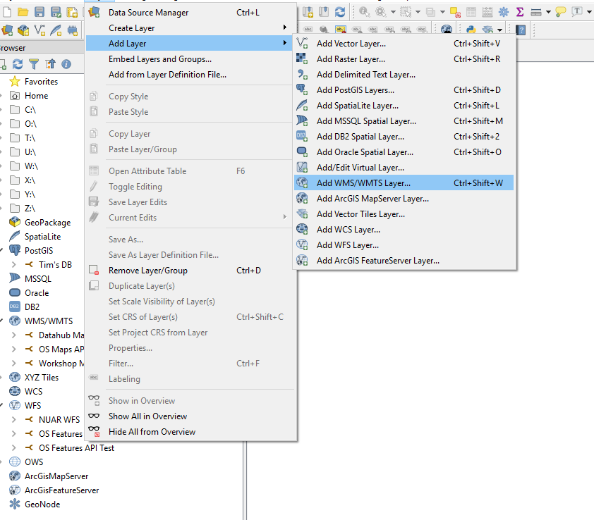 QGIS UI showing Layer > Add Layer > Add WMS/WMTS Layer... navigation option
