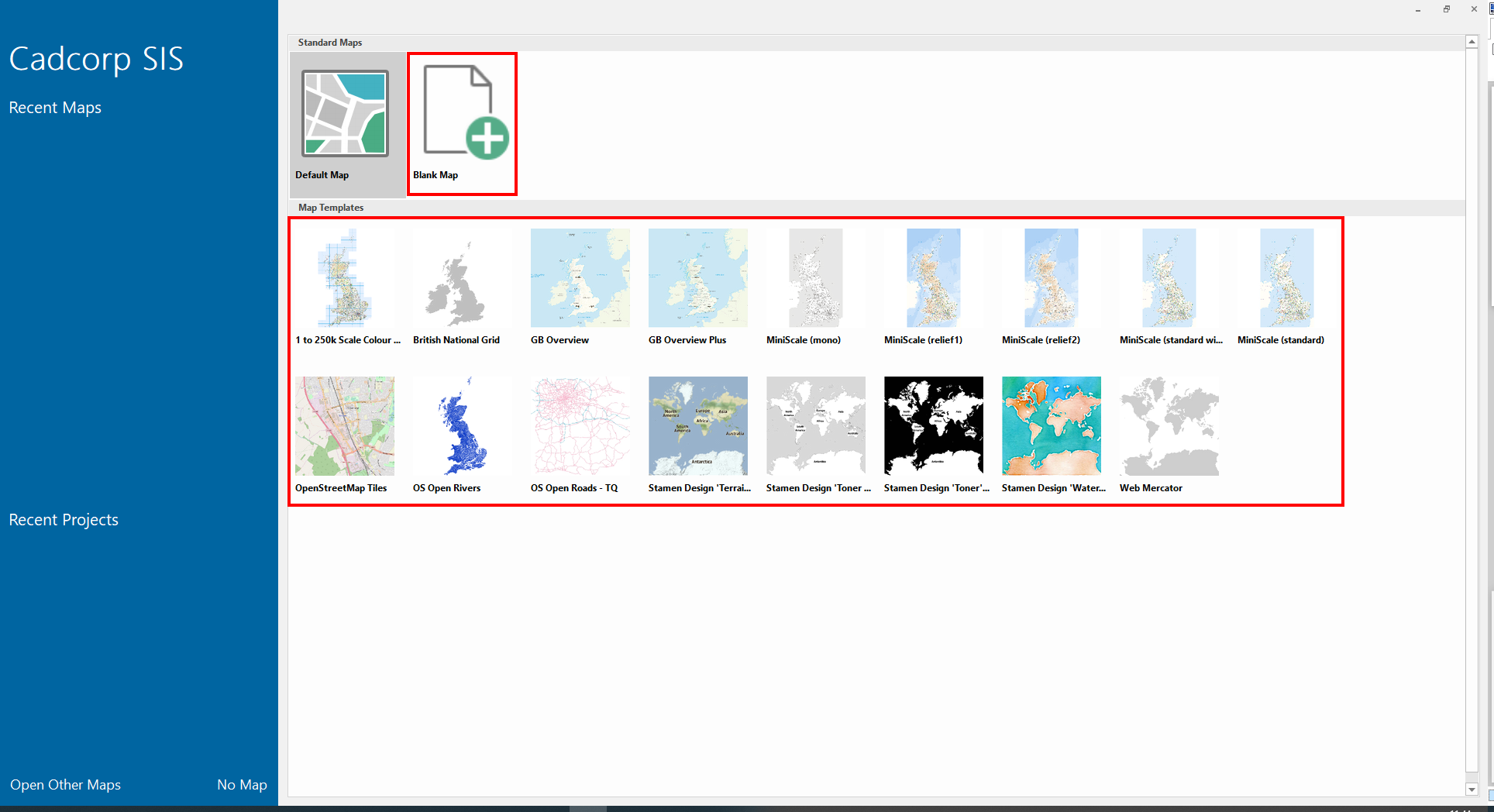 Cadcorp SIS Desktop UI showing map template options
