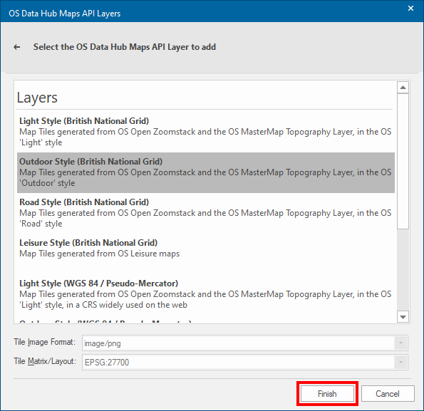 Cadcorp SIS Desktop OS (GB) Data Hub Maps API Layers dialog