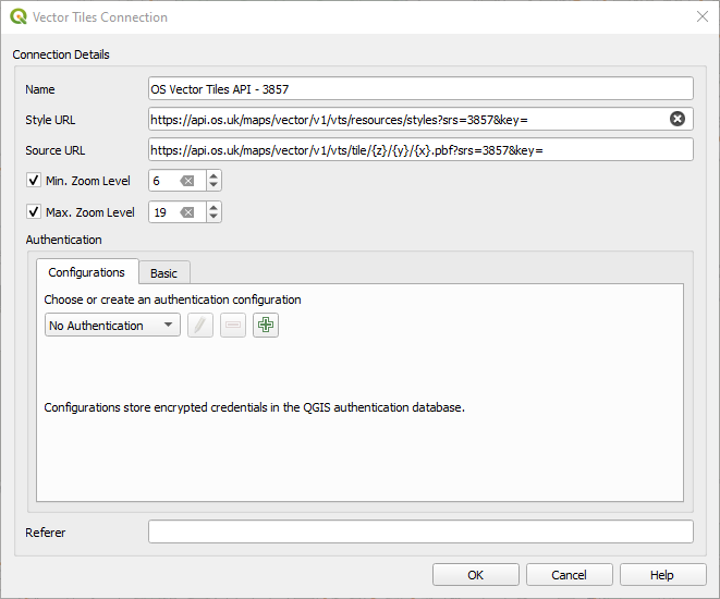 QGIS Vector Tiles Connection dialog.