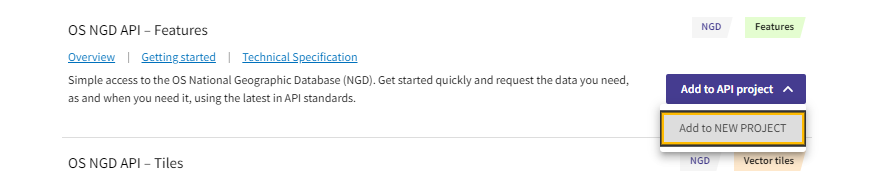 Screenshot of an example API Dashboard showing the Add to NEW PROJECT link of OS NGD API - Features