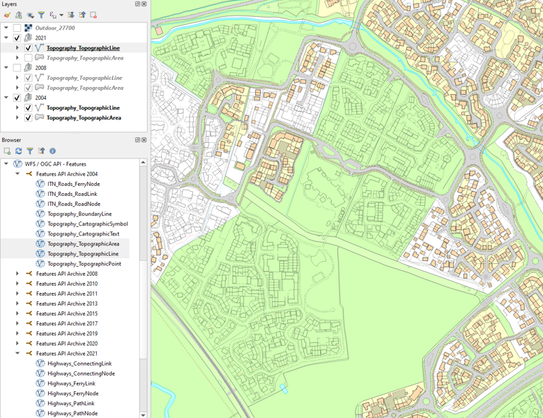2004 OS MasterMap Topography data with 2021 Topographic Lines over the top