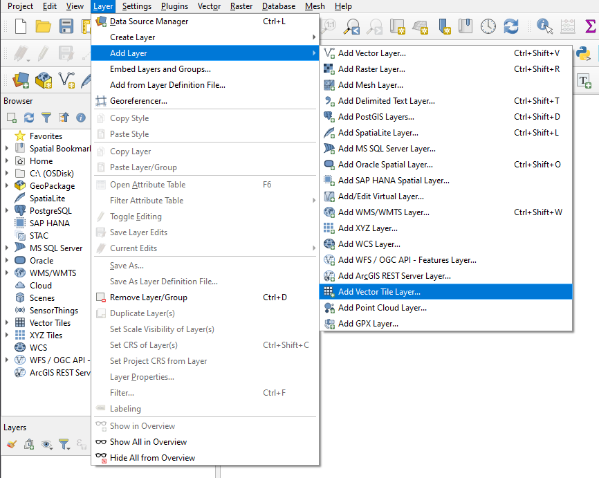 QGIS UI with the Add Vector Tile Layer option selected.