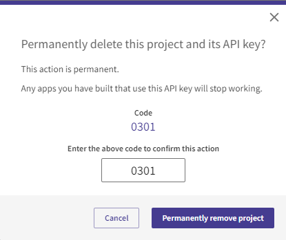 Example API Dashboard showing the Permanently delete this project and its API key? confirmation dialog