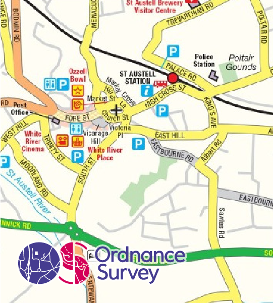 Example 2 of the OS coloured logo on top of a map