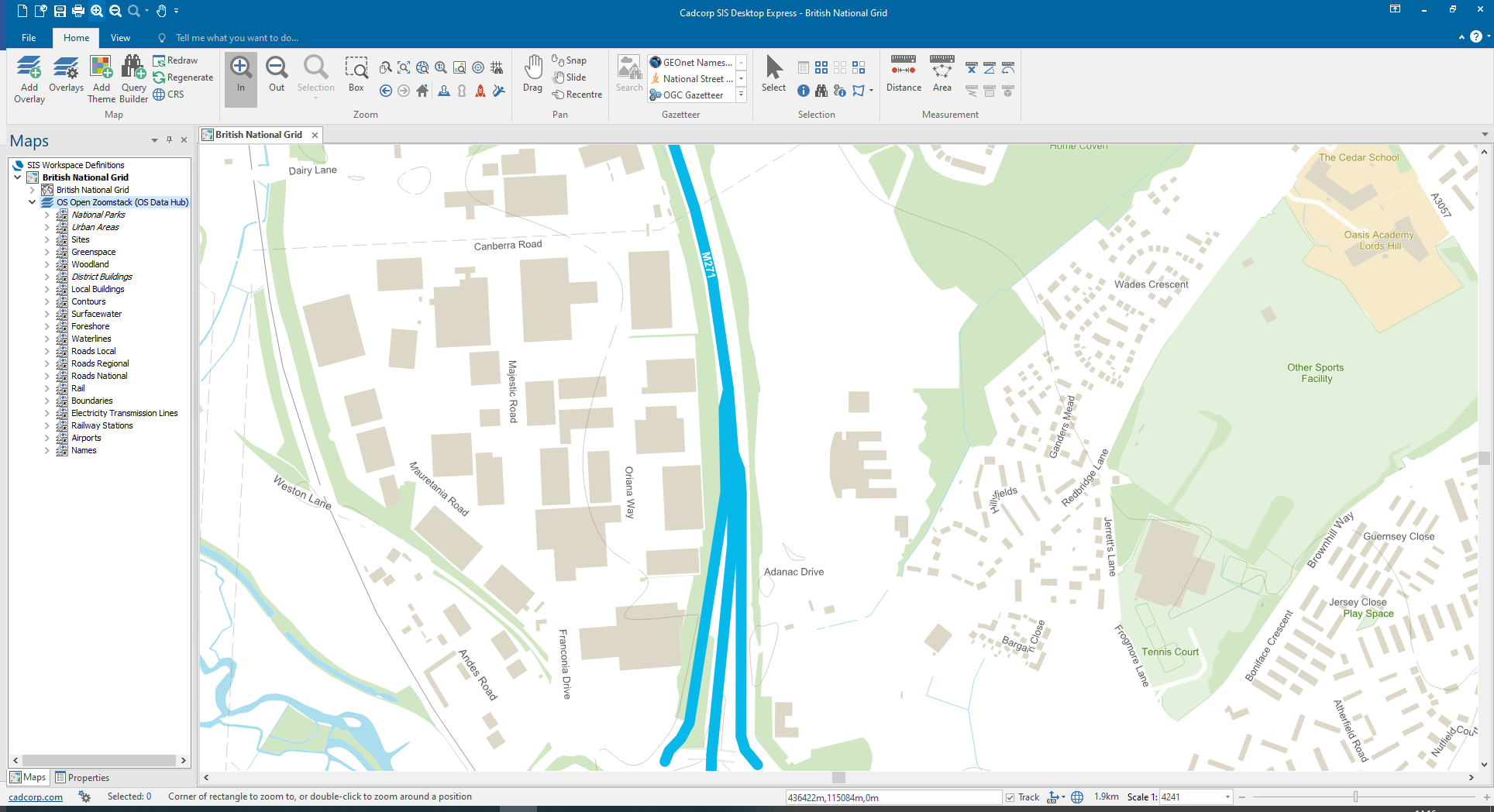 Cadcorp SIS Desktop UI showing OS Features API Data on the map