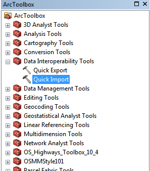 ArcMap UI showing Arc Toolbox Data Interoperability Tools > Quick Import option
