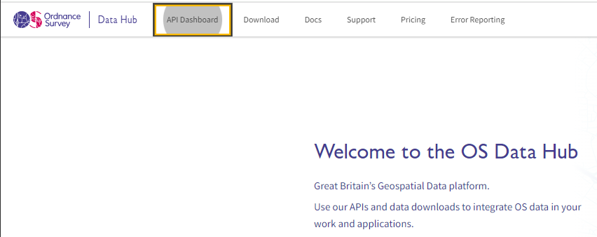 Screenshot of the OS Data Hub Welcome screen highlighting the API Dashboard tab
