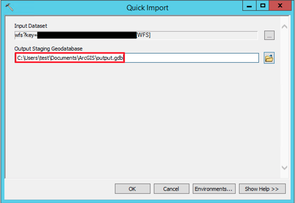 ArcMap Quick Import dialog showing Output Staging GeoDatabase field