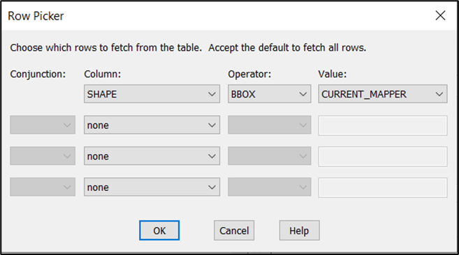 MapInfo Pro WFS Table dialog showing Row Picker