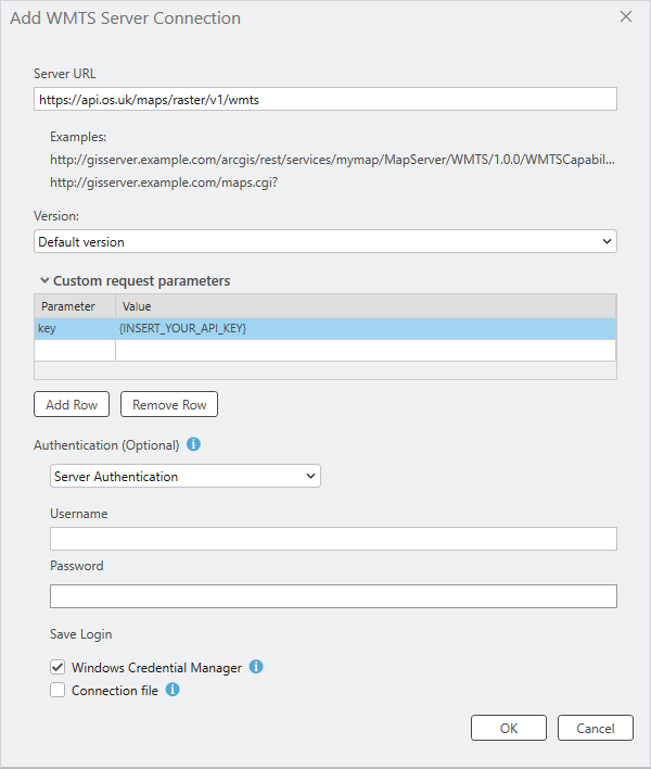 ESRI ArcGIS Pro Add WMTS Server Connection dialog with custom request parameters set.
