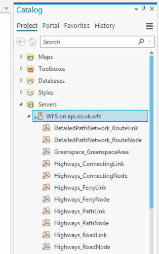 ArcGIS Pro Catalog showing Project > Servers > WFS on api.os.uk.wfs options