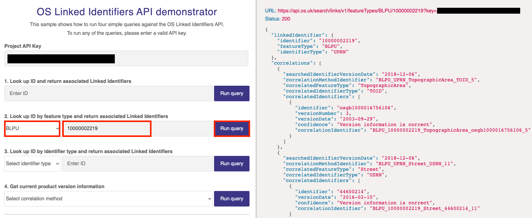 OS Linked Identifiers API demonstrator with input in the Look up feature type field