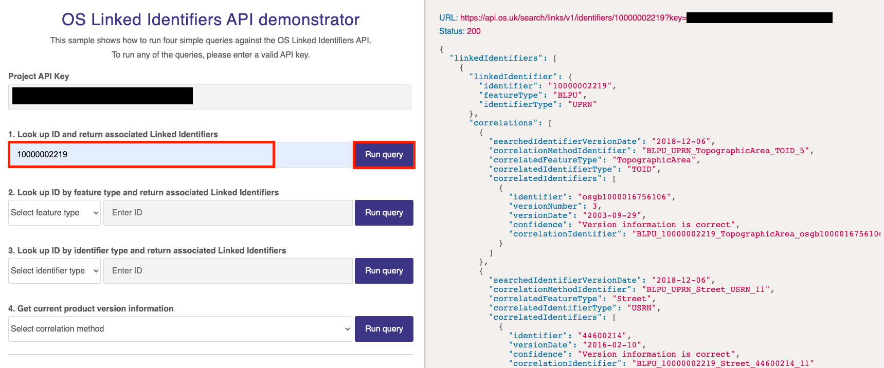 OS Linked Identifiers API demonstrator with input in Look up ID field