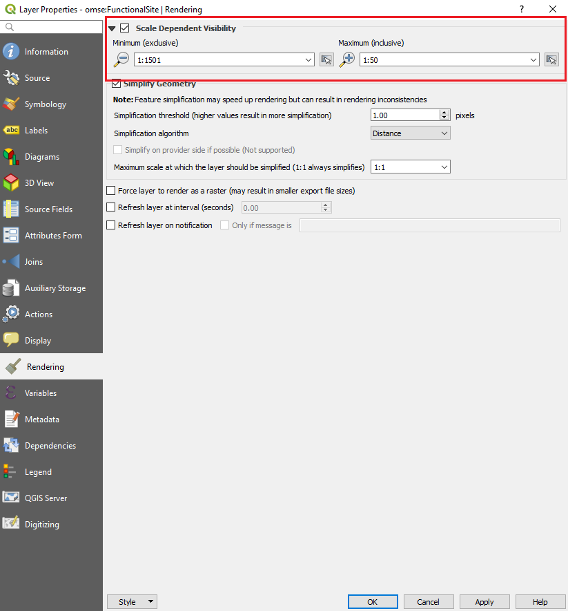 QGIS Layer Properties dialog highlighting Minimum and Maximum scaler options