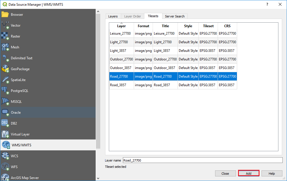 QGIS QGIS Data Source Manager | WMS/WMTS dialog showing list of OS Maps API tilesets