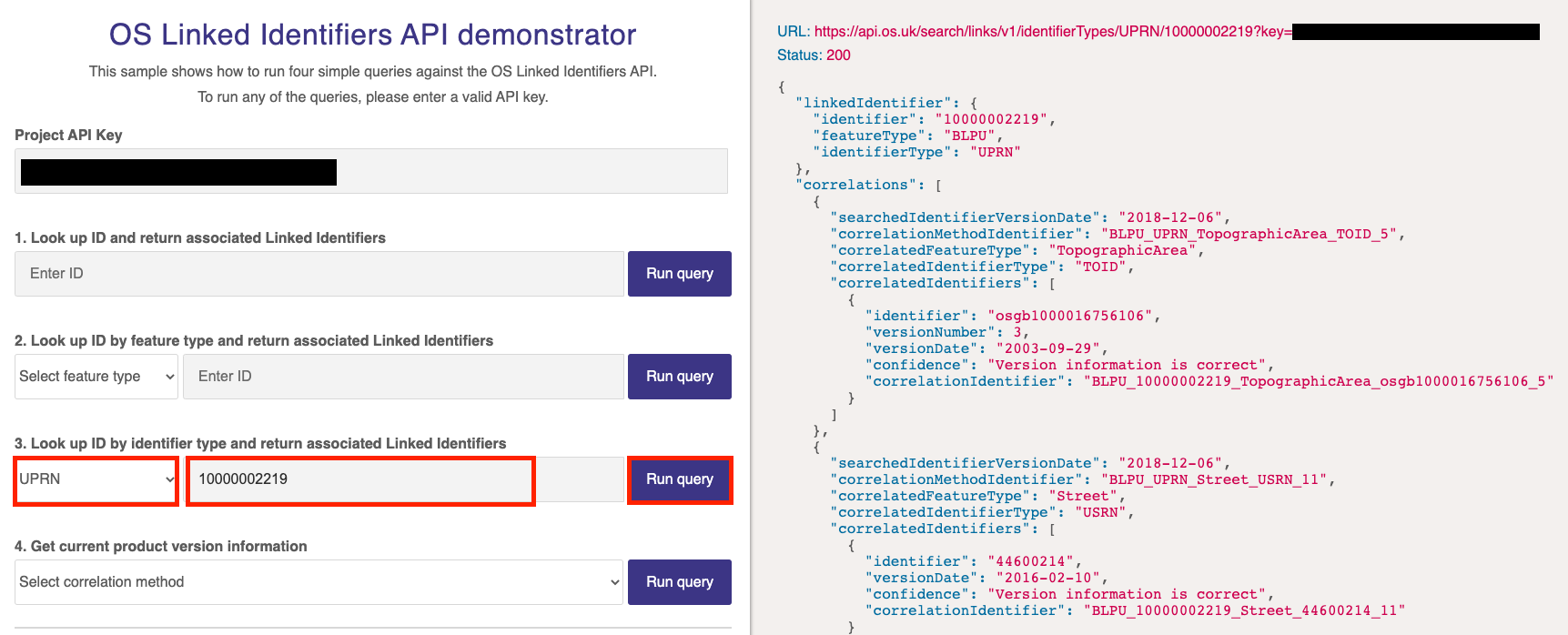 OS Linked Identifiers API demonstrator with input in the Look up Id by Identifier field
