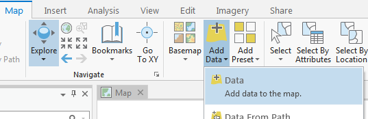 ArcGIS Pro UI showing Map > Add Data > Data - Add data to the map navigation option
