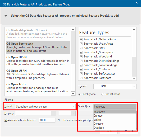 Cadcorp SIS Desktop OS Data Hub Features API Products and Feature Types dialog Highlighting Filtering options