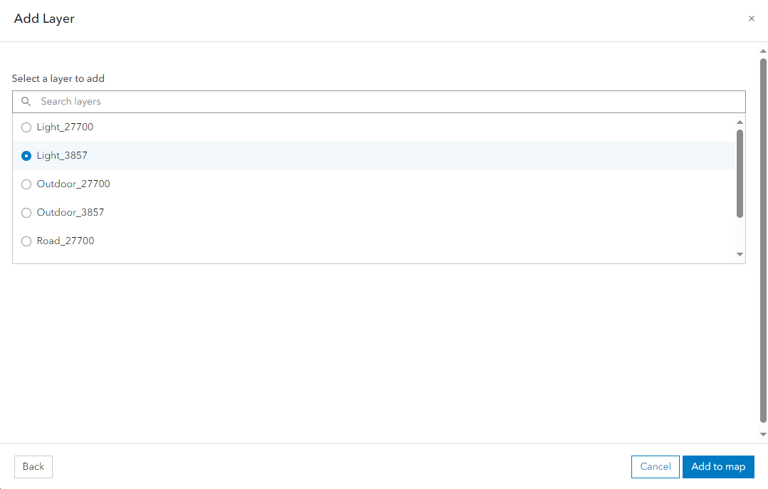 ArcGIS Online Add Layers dialog: Select a layer to add to map.