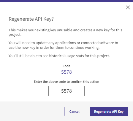 Example API Dashboard showing Regenerate API Key? confirmation dialog