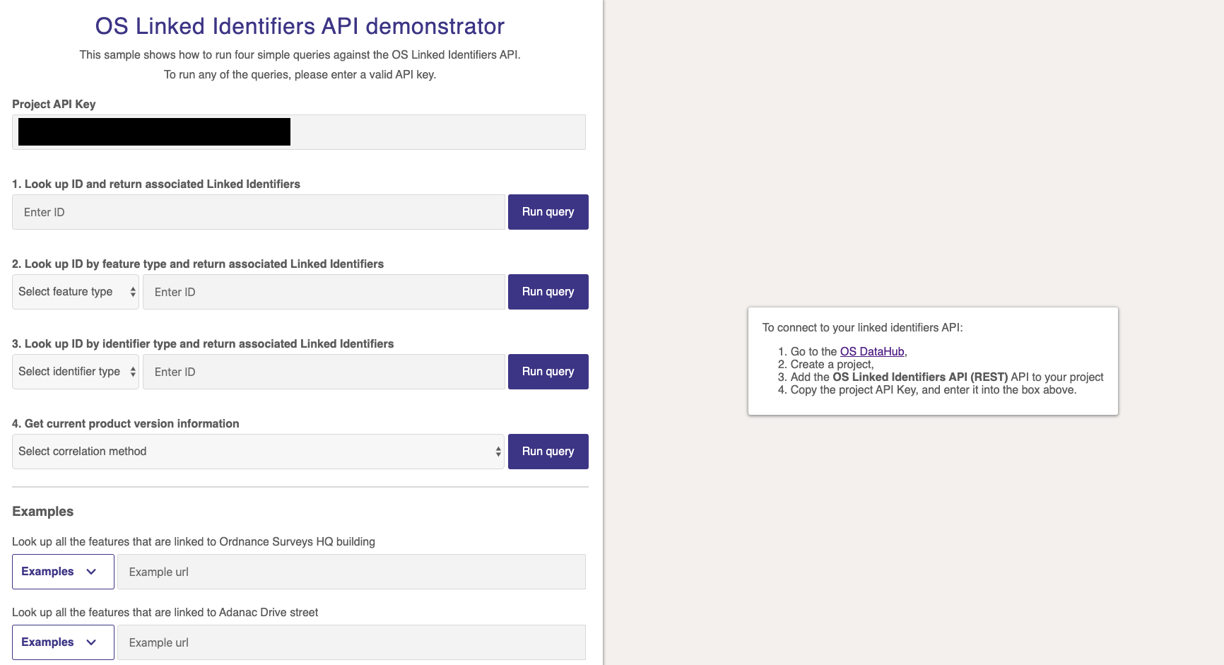 OS Linked Identifiers API demonstrator with input in Project API Key field