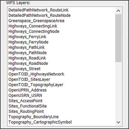 MapInfo Pro WFS Table dialog showing available WFS Layers