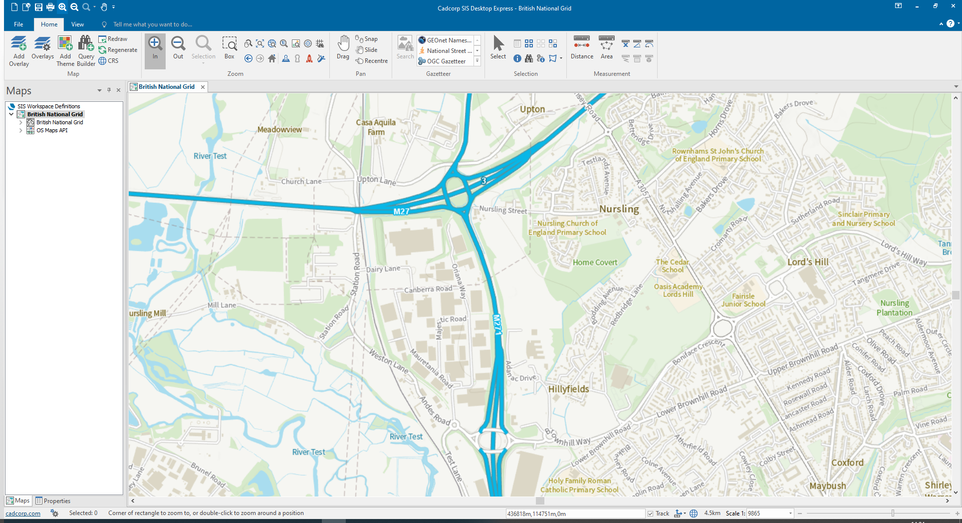 Cadcorp SIS Desktop UI showing OS Maps API data in the map area
