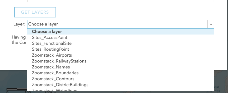 ArcGIS Online Add Layer from Web dialog showing Layers field options