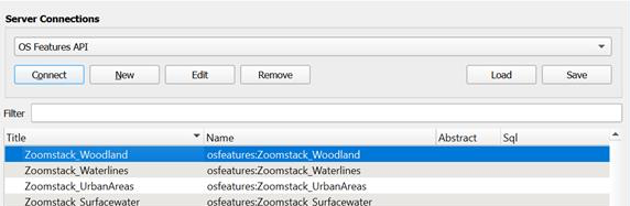 QGIS Data Source Manager | WFS dialog showing Server Connections options