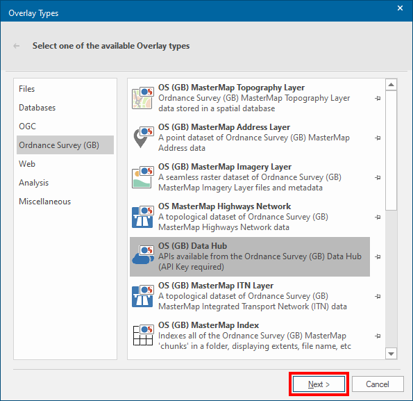Cadcorp SIS Desktop Overlay Types dialog