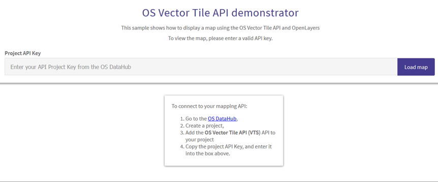 OS Vector Tile API demonstrator displayed in a browser window