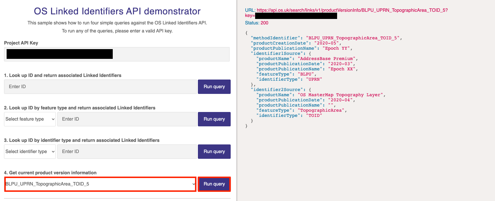 OS Linked Identifiers API demonstrator with input in the Get current product version field