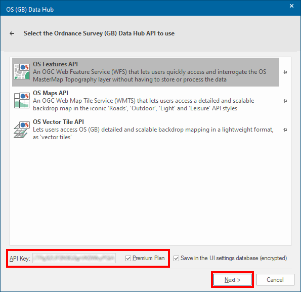 Cadcorp SIS Desktop OS (GB) Data Hub dialog highlighting API Key and Premium Plan fields
