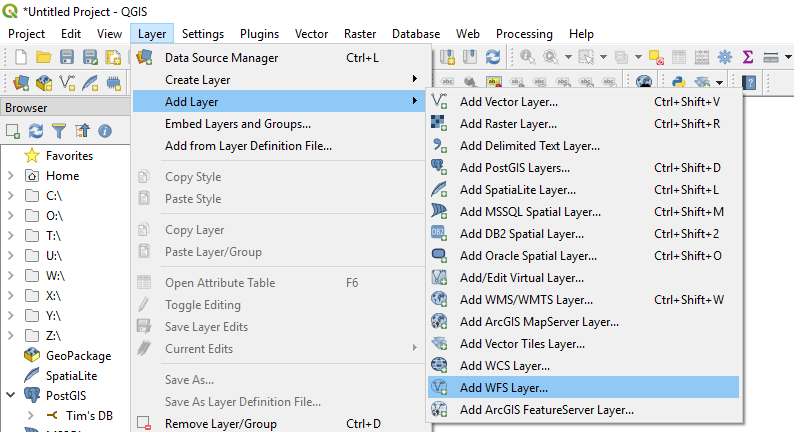QGIS UI showing Layer > Add Layer > Add WFS Layer...navigation option