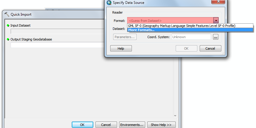 ArcMap Quick Import dialog showing Specify Data Source sub-dialog