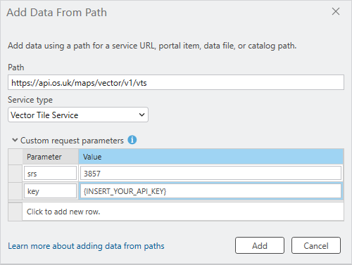 ESRI ArcGIS Pro Add Data From Path dialog with custom request parameters set.