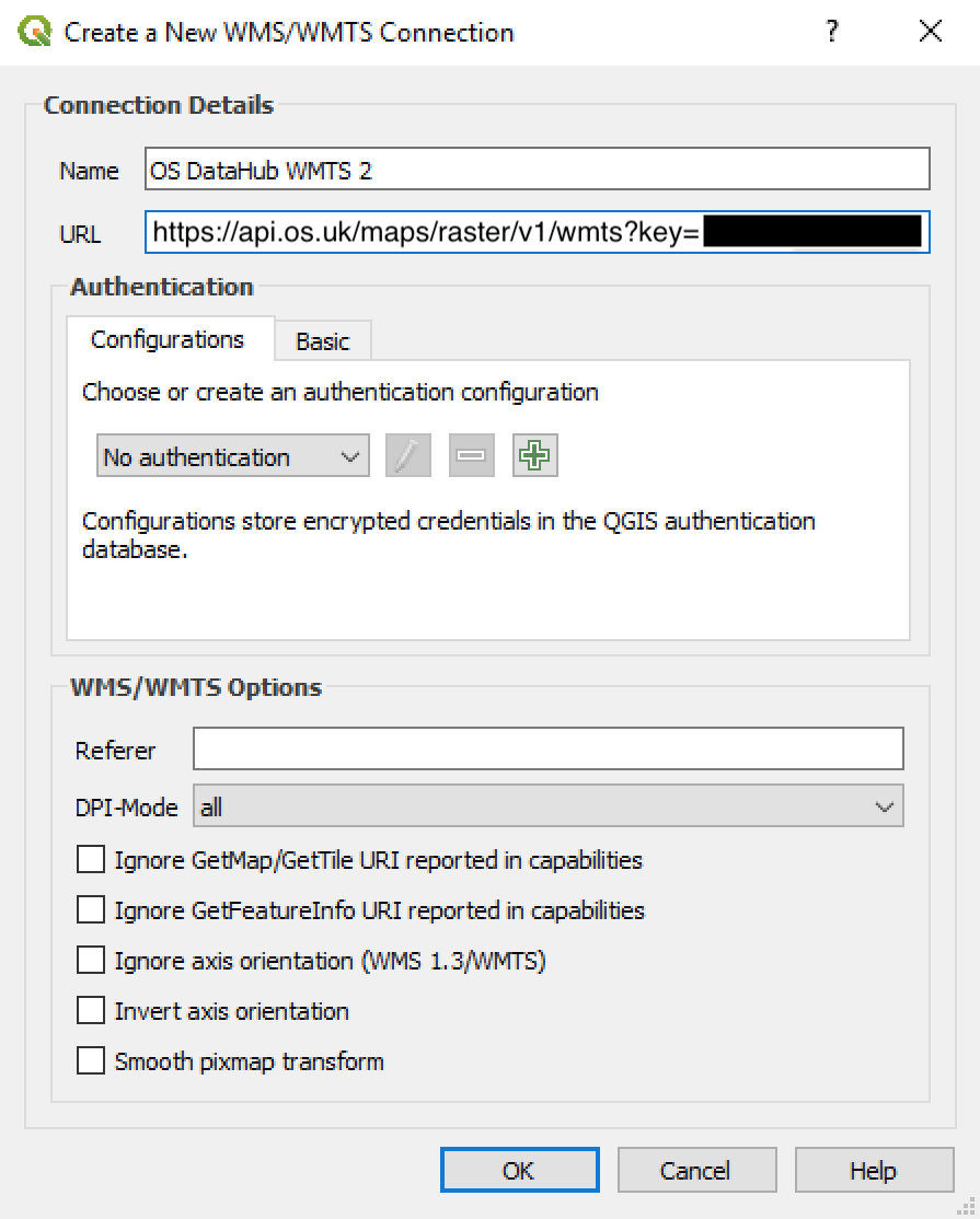 QGIS Data Source Manager | WMS/WMTS dialog showing new connection
