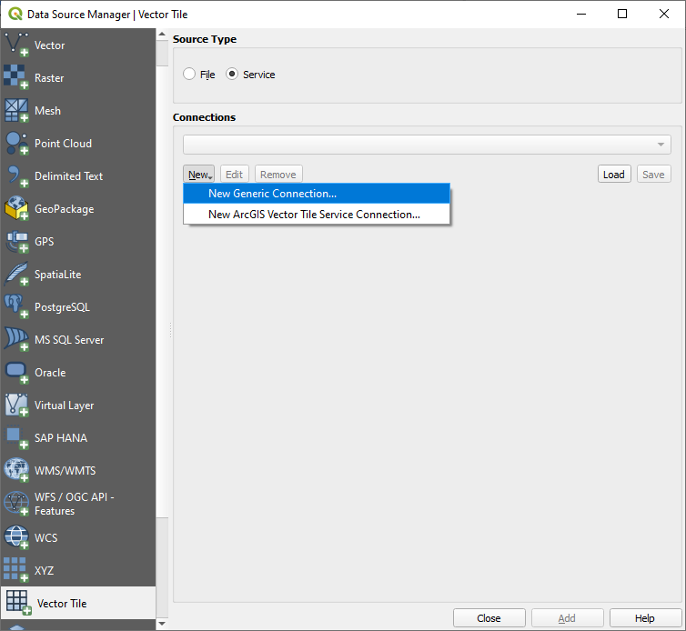 QGIS Data Source Manager | Vector Tile dialog.