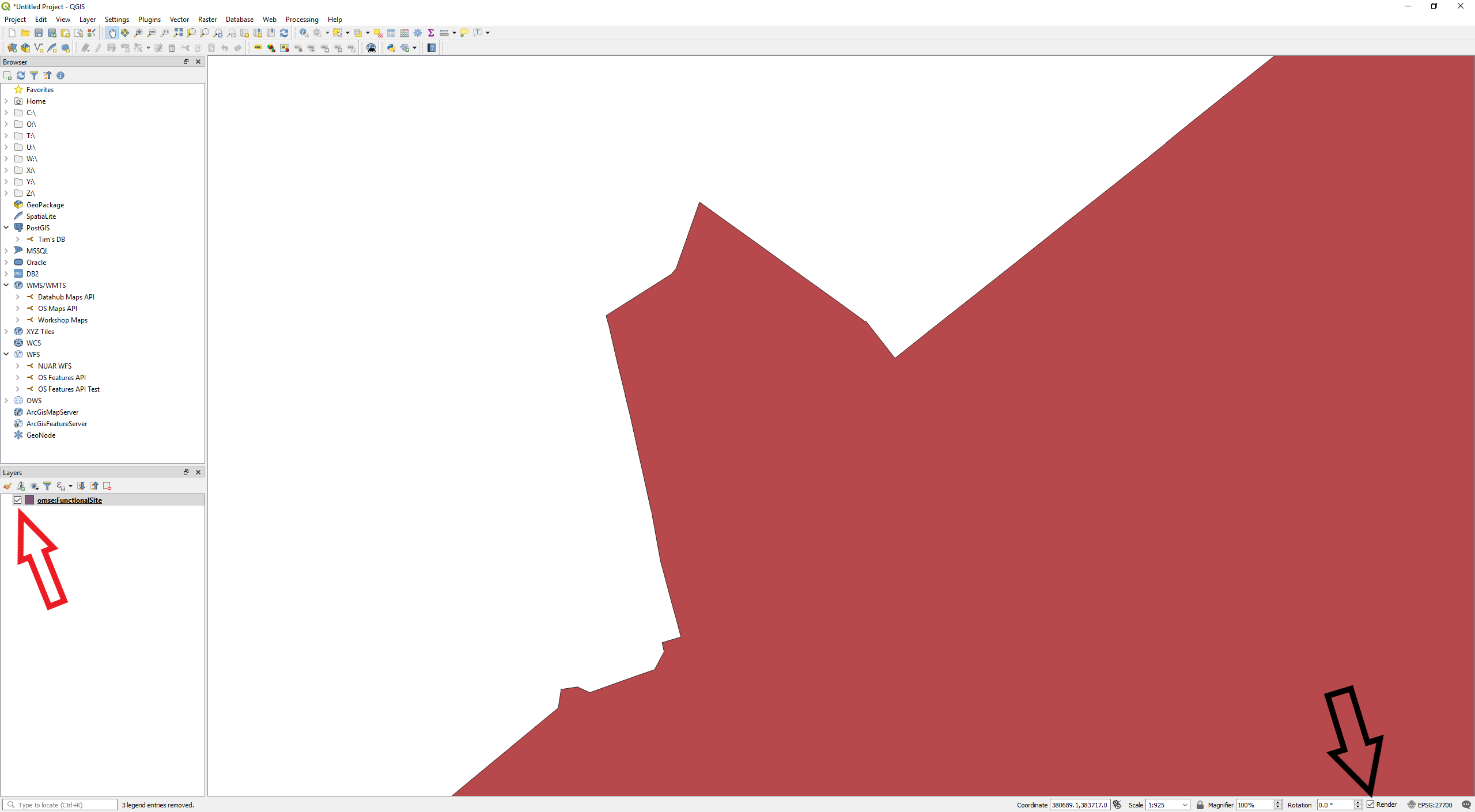 QGIS UI showing OS Features API data in the map and highlighting Layer and Render checkbox options