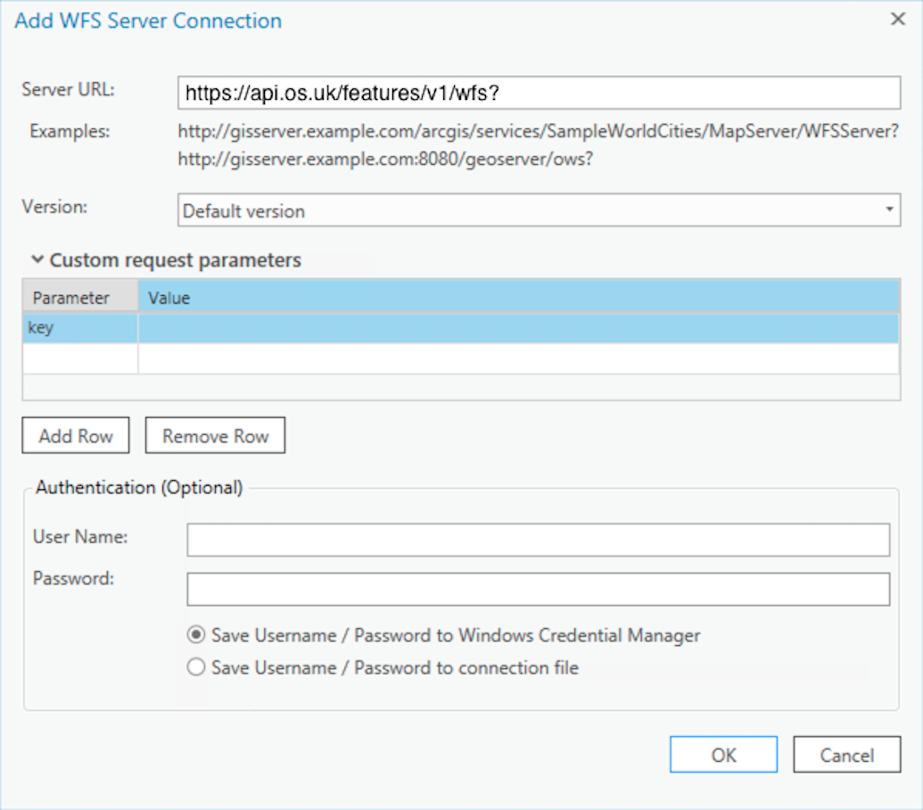 ArcGIS Pro Add WFS Server Connection dialog
