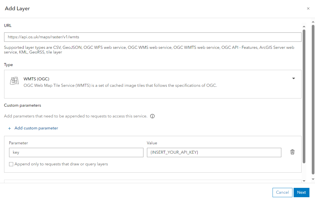 ESRI ArcGIS Pro Add WMTS (OGC) Server Connection dialog with URL and custom request parameters set.